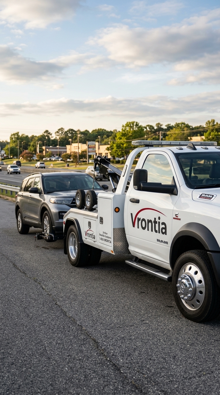 Vrontia-branded wheel-lift truck on the road